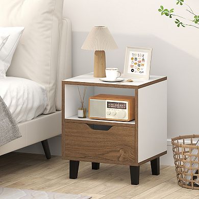 Gymax Nightstand Mid Century Modern Bedside Table w/ Drawer & Open Storage Shelf for Bedroom