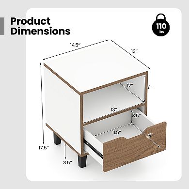 Gymax Nightstand Mid Century Modern Bedside Table w/ Drawer & Open Storage Shelf for Bedroom