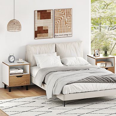 Gymax Nightstand Mid Century Modern Bedside Table w/ Drawer & Open Storage Shelf for Bedroom