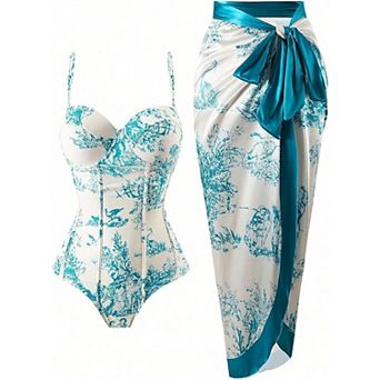 Women's Vintage Print 2 pc Swimsuit Set Satin Underwire One Piece with Sarong