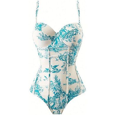 Women's Vintage Print 2 Piece Swimsuit Set Satin Underwire One Piece with Sarong