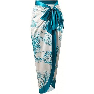 Women's Vintage Print 2 Piece Swimsuit Set Satin Underwire One Piece with Sarong