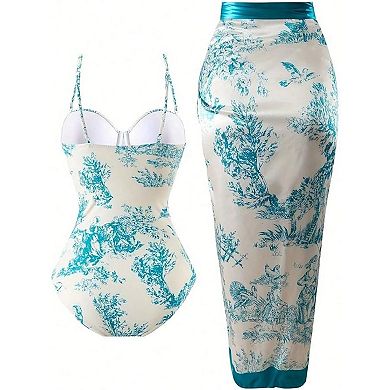 Women's Vintage Print 2 Piece Swimsuit Set Satin Underwire One Piece with Sarong