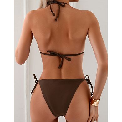 Halter Two Piece Swimsuit for Women, Triangle Bikini Set with Tie Side Bottoms