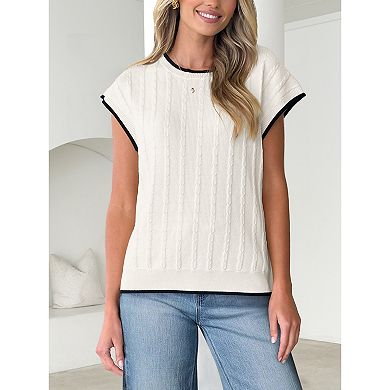Women Knit Top Color Block Tirm Cap Sleeve Sweater Vest