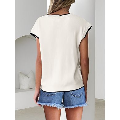 Women Knit Top Color Block Tirm Cap Sleeve Sweater Vest