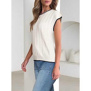 Women Knit Top Color Block Tirm Cap Sleeve Sweater Vest