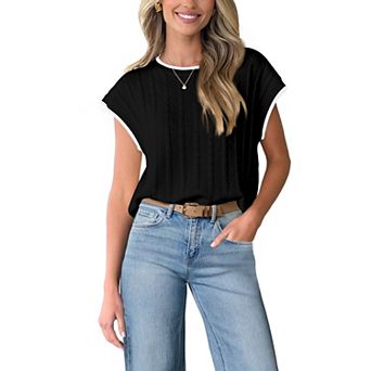 Women Knit Top Color Block Tirm Cap Sleeve Sweater Vest