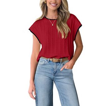 Women Knit Top Color Block Tirm Cap Sleeve Sweater Vest