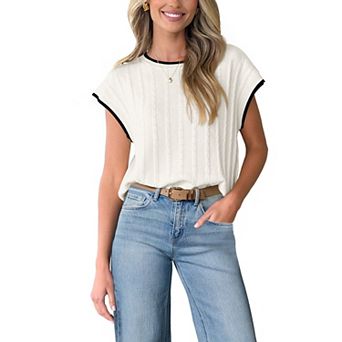 Women Knit Top Color Block Tirm Cap Sleeve Sweater Vest