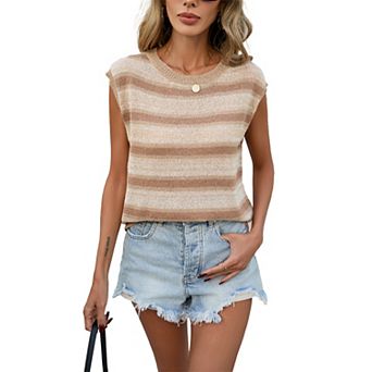 Women's Sleeveless Striped Knit Top Crewneck Casual Loose Fit Blouse