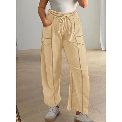 Womens Baggy Barrel Pants Wide Leg Lounge Drawstring Sweatpants with Pockets
