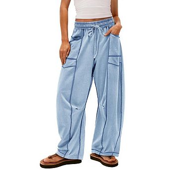 Womens Baggy Barrel Pants Wide Leg Lounge Drawstring Sweatpants with Pockets