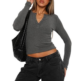 Womens Long Sleeve Shirts V Neck Henley Tops Slim Fit Basic Going Out T-Shirts Fashion Outfits