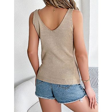 Women's Sleeveless V-Neck Knit Tank Hollow Out Vacation Top