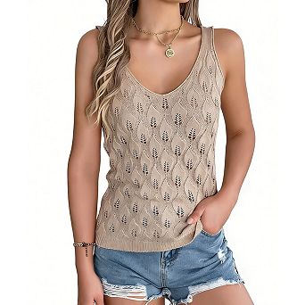 Women's Sleeveless V-Neck Knit Tank Hollow Out Vacation Top