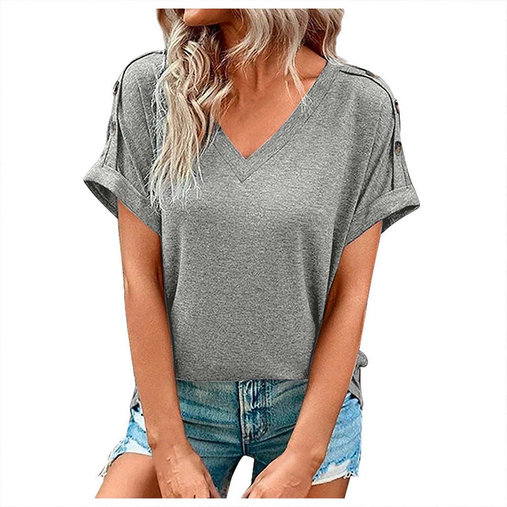 Women's V Neck Button Detail Short Sleeve T-Shirt, Loose Fit Casual ...