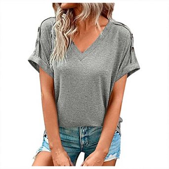 Women's V Neck Button Detail Short Sleeve T-Shirt, Loose Fit Casual Summer Top