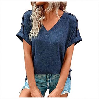 Women's V Neck Button Detail Short Sleeve T-Shirt, Loose Fit Casual Summer Top
