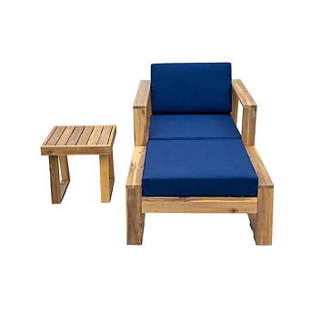 Outdoor Wood Lounge Chair and Ottoman Set with Removable Cushions for Patios