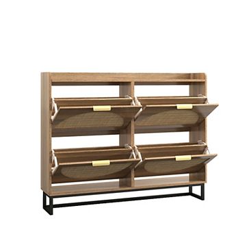 Large Rattan Shoe Storage Cabinet with 4 Flip Drawers, Narrow Shoe Rack Shoe Organizer for Entryway