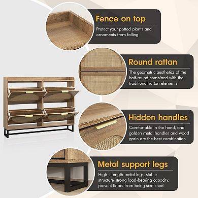 Vabches Rustic Oak Rattan Shoe Storage Cabinet with 4 Flip Drawers, Slim Entryway Organizer
