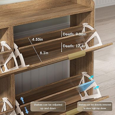 Vabches Rustic Oak Rattan Shoe Storage Cabinet with 4 Flip Drawers, Slim Entryway Organizer