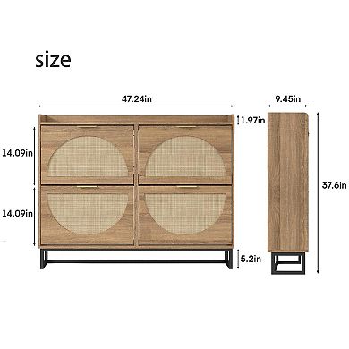 Vabches Rustic Oak Rattan Shoe Storage Cabinet with 4 Flip Drawers, Slim Entryway Organizer