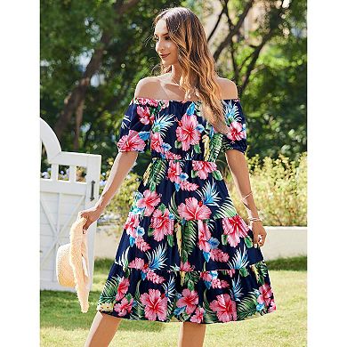 Zeagoo Women's Short Sleeve Square Neck Midi A-Line Ruffle Sundress with Pockets