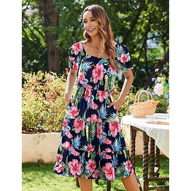 Zeagoo Women's Short Sleeve Square Neck Midi A-Line Ruffle Sundress with Pockets