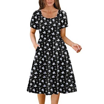 Zeagoo Women's Short Sleeve Square Neck Midi A-Line Ruffle Sundress with Pockets