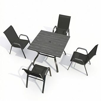 5 pc Outdoor Patio Dining Set with Umbrella Hole and 4 Ergonomic Folding Chairs