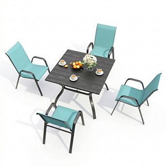 5 pc Outdoor Patio Dining Set with Umbrella Hole and 4 Ergonomic Folding Chairs