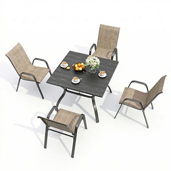 5 pc Outdoor Patio Dining Set with Umbrella Hole and 4 Ergonomic Folding Chairs