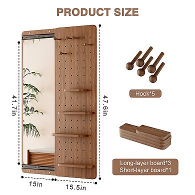 47.6×15.7in Wall Mounted Full Length Mirror with Shelf & Hooks, Multifunctional for Bedroom Entryway