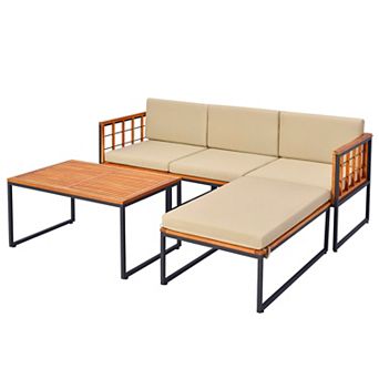 Gymax 5 pc Furniture Set Acacia Wood Sectional Set with Seat & Back Cushions Patio