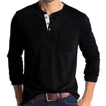 Men’s Long Sleeve Henley Shirt Casual Button Down T-Shirt with Pocket Lightweight Cotton Basic Top