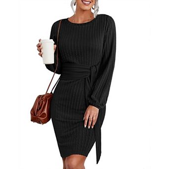 Zeagoo Women's Ribbed Knit Lantern Long Sleeve Crewneck Tie Waist Bodycon Sweater Dresses