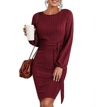Zeagoo Women's Ribbed Knit Lantern Long Sleeve Crewneck Tie Waist Bodycon Sweater Dresses