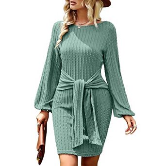 Zeagoo Women's Ribbed Knit Lantern Long Sleeve Crewneck Tie Waist Bodycon Sweater Dresses