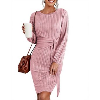 Zeagoo Women's Ribbed Knit Lantern Long Sleeve Crewneck Tie Waist Bodycon Sweater Dresses