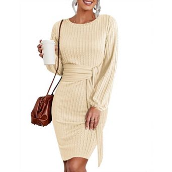 Zeagoo Women's Ribbed Knit Lantern Long Sleeve Crewneck Tie Waist Bodycon Sweater Dresses