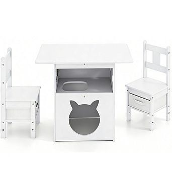 Gymax 3 pc Kids Table and Chairs Set Furniture w/Cat House Hole & Window 2 Chairs
