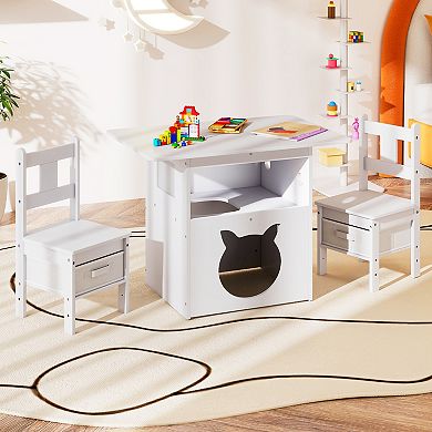 Gymax 3 PCS Kids Table and Chairs Set Furniture w/Cat House Hole & Window 2 Chairs