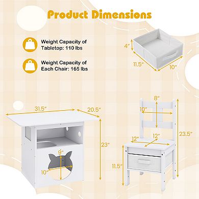 Gymax 3 PCS Kids Table and Chairs Set Furniture w/Cat House Hole & Window 2 Chairs