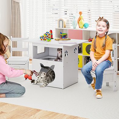 Gymax 3 PCS Kids Table and Chairs Set Furniture w/Cat House Hole & Window 2 Chairs