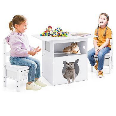 Gymax 3 PCS Kids Table and Chairs Set Furniture w/Cat House Hole & Window 2 Chairs