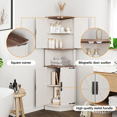 Farmhouse Corner Cabinet with 4 Doors and Shelves, Rustic Storage for Living Room