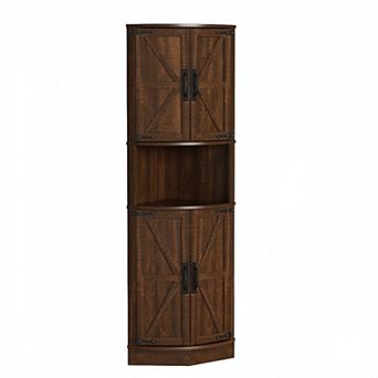 Farmhouse Corner Cabinet with 4 Doors and Shelves, Rustic Storage for Living Room