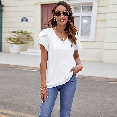 Women's V Neck Short Sleeve Blouse, Elegant Business Casual Summer Work Top